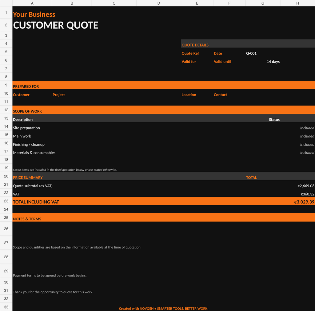 NOVQEN Construction Quote and Profit Calculator customer quote preview